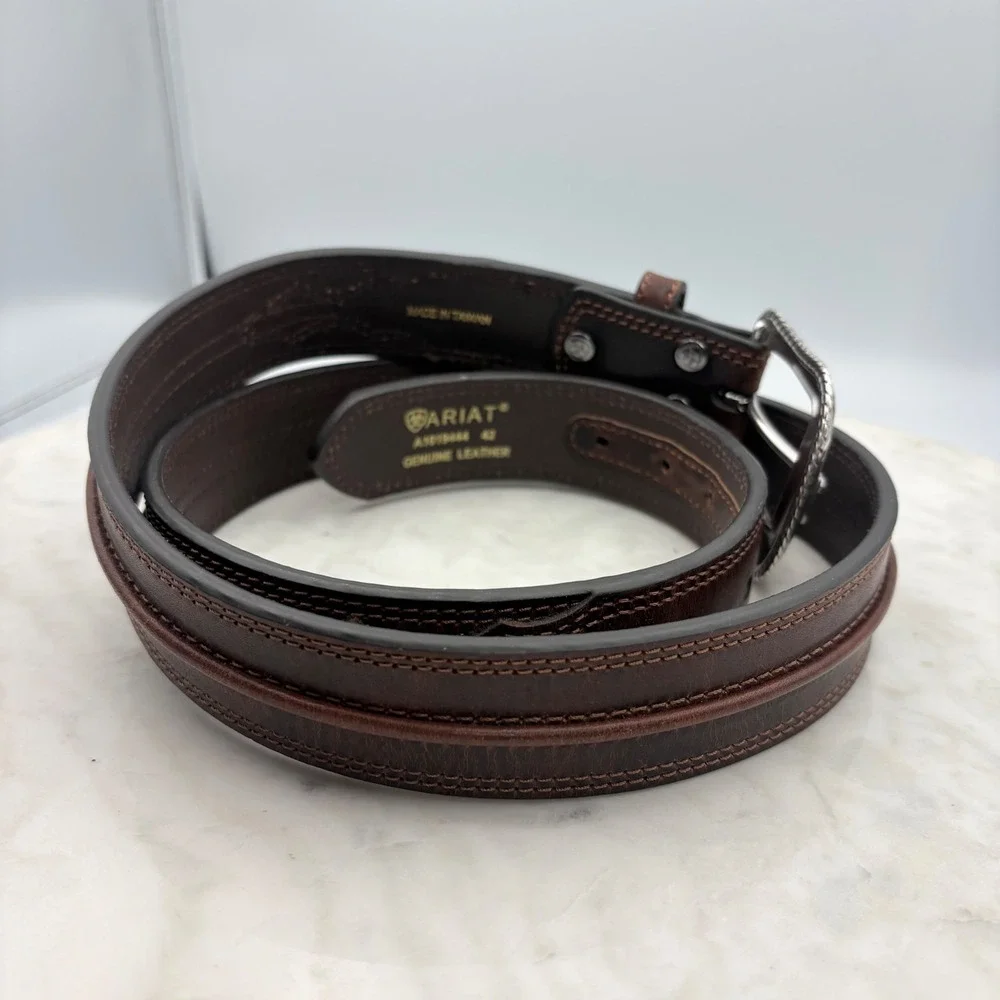 Ariat Leather Belt Mens 42 Brown Western Engraved Buckle Rodeo Cowboy Ranch Farm